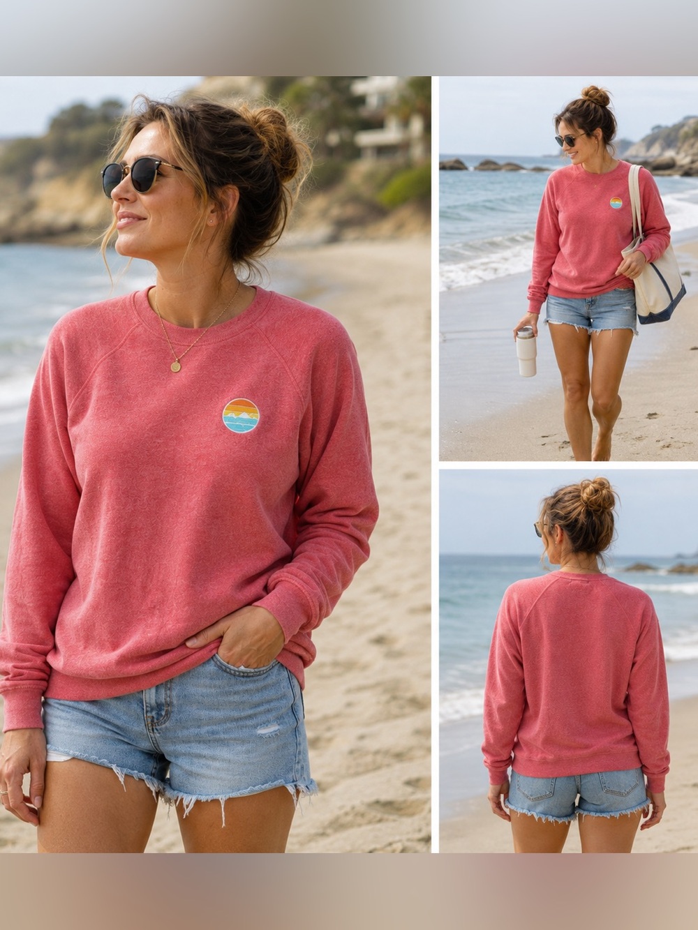 Traveler Surf Club Patch Crewneck Sweatshirt Womens XS Pink Heather Fleece Beach